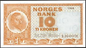 10 kroner 1968, serie X.2639372. Erstatningsseddel. 0