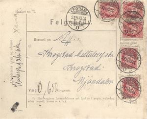 NK 77 Følgebrev med 5 stk 10ø stemplet Kristiania O 2E 24 XII 04, til Mjøndalen