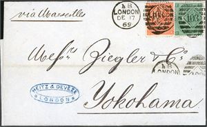 95,117. GB. 4d and 1/- on complete cover to Yokohama, cancelled "London De 17 69". "Hong Kong" and arrival cds at reverse. A horizontal creas, do not affect the stamps.