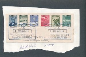 Ex Nk 331-38 o. Klipp med 6 London-merker stemplet "NORSK SKIPSPOST HANDELSFLÅTEN 9 FEB 1943-25". Opplimt på albumark. Skrevet "Antatt verdi 3000". Javel?