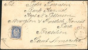 54. 20 øre 20 mm på konvolutt til Brasil, stemplet "Gjerestad 12.11.1891". Baksiden med transittstempel fra "Lisboa" samt ankomstsempel "Para". Noen mindre aldersflekker.
