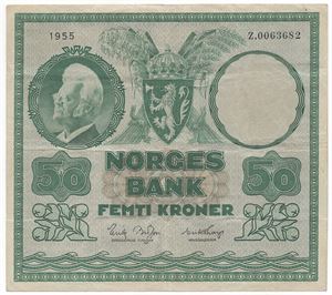 50 kroner 1955 Z.0063682 Erstatningsseddel. RRR-seddel. Kv.1
