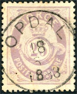 28. 25 øre skravert Posthorn, fullstemplet "Opdal 18.6.1883".