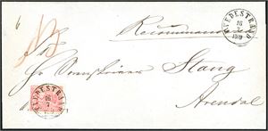 15. 8 skill 8 på rekommandert brevomslag, stemplet "Tvedestrand 16.7.1869".