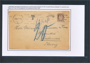 Nk 102 på enkeltvektig underfrankert brev maskinstemplet "KRISTIANIA 27 VIII 19 3-5 E" til Aabenraa, Slesvig