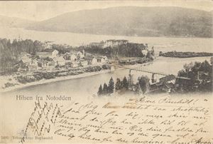 Notodden, hilsen fra Notodden (Telemarkens Boghandel,5895)  udelt bakside.  Stemplet Notodden 30-III-04.  frim. Fjernet