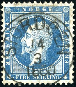 4. 4 skilling Oscar, rettvendt fullstemplet "Stordøen 14.3.1860" (HO).