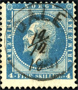 4. 4 skilling Oscar, pent fullstemplet "Dale" der datoen "19/12 1861" er skrevet med blekk.