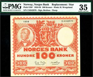 100 kroner 1958, serie Z.0342878. Erstatningsseddel. PMG 35