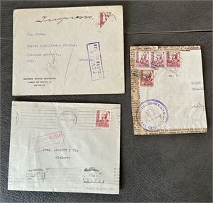 SPANIA-BREV 3 brev (et stort klipp) inkl et med halvert frimerke. Sensurstempler