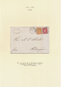 NK 12 og 18  2 skilling og 3 skilling = 5 skilling på helbrev st. Drammen 6/11-1872, sendt til Helsingör, Danmark.   Bak Transitst. Christiania OMK. 6/11-1872 og ank.st. Helsingør 8/11
