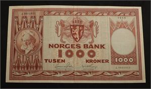1000 kroner 1949 Norge 1/1- A0601933, kantrift, skjevklippet