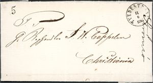 Komplett ubetalt brev, stemplet "Tvedestrand 11.6.1866" og ved siden stemplet portotall "5".