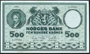 500 kroner 1960, serie A.1320384. Stiv og pen seddel. God 1+