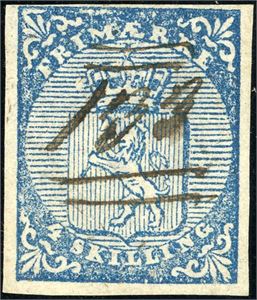 1. 4 skilling våpen 1855, anert med håndskrevet nummer "133" (Hvideseid, TE). Smale marger.