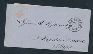 Brev sendt fra Hamburg til Frederiksstad stemplet "P. A. HAMBURG" og transitt "SANDØSUND 31-7-1866"