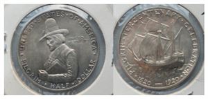 USA ½ Dollar 1920 – Pilgrim Tercentenary. Silvermynt (90 % silver) utgivet 1920 till minne av Pilgrimsfädernas