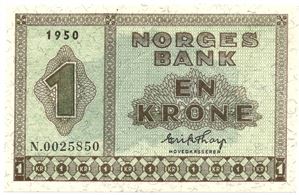 1 krone 1950 N.0025850. Kv.0
