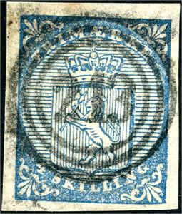 1. 4 skilling våpen 1855, anert med nummerstempel "213" (Namsos, NT). Gode- til normale marger.