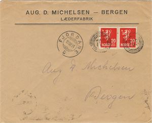 IV-706 - M/B KVAMSØY (skip / 3) på firmakonvolutt fra Bergen sidestemplet Fjordane B 15 III 31. Bak stemplet Bergen 1TUR 16.3.31.