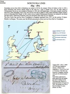 Brevomslag, fra Newcastle Tyne til Trondhjem, stemplet med "8-kanted" "Hull Ship-Letter B Jy 23 1852" på forsiden, og transittstemplet "Christiania 30.7.1852" på baksiden. Pent montert på ark for utstilling.