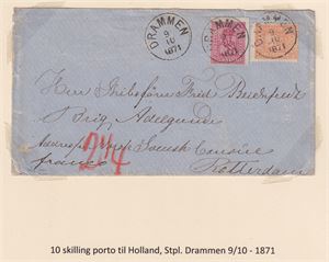 NK 12 og 15, 2 og 8 skill våpen på brev (10 skilling) til Holland, st. Drammen 9/10-1871 (3000.-)