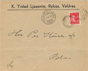 IV-815 - RYFOSS (OP / 4) på pent logo-brev fra K. Yrstad Ljaasmie, frankert med 20 øre Holberg, sidest. Valdresbanens P.eksp. SL -1 II 35