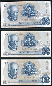 Ti 10 kroner 1979, alle med serie nummer som begynner med H. Erstatningssedler. VK