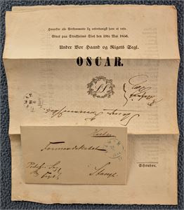 HAMAR, portofri forsendelse fra 1856, plakat vedrørende forordning fra kong Oscar. Medfølger en annen portofri forsendelse samme år.
