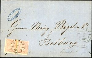 9. 16 skillings porto til Tyskland. 8 skill i horisontalt par på brevomslag, stemplet "Grimstad 14.6.1867". Transittstempel "Sandøsund 15.6.1867" og "Kiel-Hamburg 17.6" på baksiden. Noe rust på taggene mellom merkene.