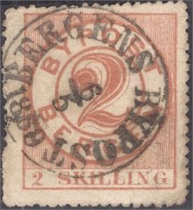 Bergen Bypost II nr 2 (Pihl) stemplet med enrings BERGENS BYPOST 6.5.1869 i svart.   En liten tynnhet og noen svake tagger i venstre side.  Attest NF