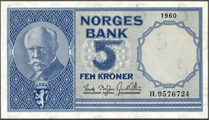 5 kroner 1960, serie H.9576724. 0