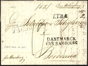 4 komplette brev fra Christiania til Frankrike (1827, 29 og to 1832). Portopåtegninger samt stempler på for- og baksiden.