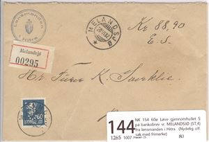 NK 154 60ø Løve gjennomhullet S på bankobrev sr. MELANDSJØ (ST,4) fra lensmanden i Hitra.  (Nydelig off. sak med frimerke)