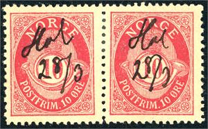 77 II. 10 øre fintagget Knudsen i horisontalt par, der hvert merke er anert med håndskrevet "Hol 28/3".