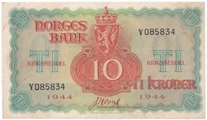 10 kroner 1944 Y.085834. Kv.01