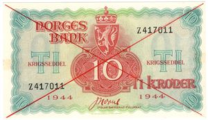 10 kroner 1944 London utgaven med kryss. Kv.0