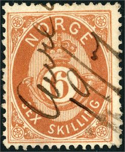 20. 6 skilling Posthorn, annullert med håndskrevet "Aure 19/7".