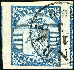 1. 4 skilling våpen 1855, stemplet "Arendal 16.3.1856". Del av nabomerket på begge siden. God marg oppe, noe smal nede.