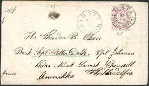 28. 25 øres porto til U.S.A. 25 øre skravert Posthorn på konvolutt, stemplet "Grimstad 24.5.1877" og sendt til Philadelfia. Transittstemplet "New York" samt mottagelsesstempel på baksiden.