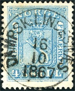 8 I. 4 skill, rettvendt fullstemplet "Dampsk:Lindesnæs 16.10.1867". Ex Olafsen.