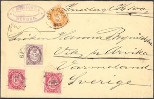 41,43,47. 48 øres porto til Sverige. 3 øre-, 10 øre- og en 25 øre 21 mm på bankokonvolutt (Kr 100-) til Arvika, stemplet "Bergen 15.9.1885". Svensk jernbanestempel på baksiden.