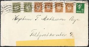 197,198,200. 20 øres porto. To stk 1 øre- og fire 2 øre Posthorn sammen med en 10 øre Løve på konvolutt, maskinstempletstemplet "Tromsø 23.4.40" og sendt til Feltpostkontor nr 9. Gul sensurstripe "Postkontrollkontor nr 8 (M.P.K.) i nedre kant.
