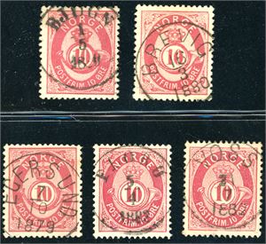25. Fem stk 10 øre skravert Posthorn, alle med pene stempler. Hhv. "Bjugn", "Brevig", "Egersund", "Florø" og "Voss".