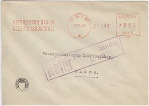 Brev st Oslo 17.10.44 med logo fra Industriforbundets Luftvernkontor, adressert til Vadsø.  Stemplet "RETUR Postsambandet brutt" i lilla.   Bak påført med blyant "Mottatt 26/1044"