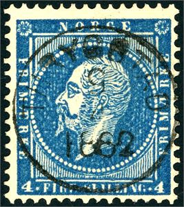 4. 4 skilling Oscar, rettvendt stemplet "Thrygstad 9.4.1862" (ØF). Meget fargemettet merke.