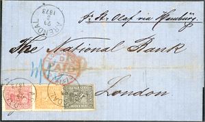 11,12,15. 11 skillings porto til England. 1 skill 1, 2 skill 2 og 8 skill 8 på brevomslag til London, stemplet "Arendal 29.3.1873". Ved siden stemplet "London paid" i rødt samt påskriften "pr. St. Olaf via Hamburg". En horisontal arkivbrett berører ikke merkene.