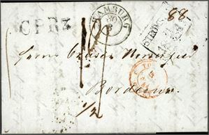 Komplett brev fra Christiania 23. mai 1841 til Bordeaux, stemplet bl.a. "Strømstad", "Hamburg" og "CPR3" på forsiden, samt "Hamburg" og ankomststempel på baksiden.