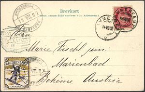77, Spitsbergen E 1. 10 øre Posthorn på postkort til Østerrike, stemplet "Hammerfest 19.7.02" og ved siden påsatt en "Arctische Post"-etikett, stemplet "Spitzbergen Eisfjord 13.7.02" samt ankomststemplet i "Marienbad".
