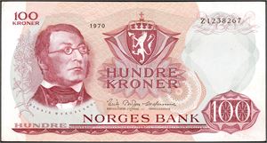 100 kroner 1970, serie Z 1238267. Erstatningsseddel. 1-mill. 1+